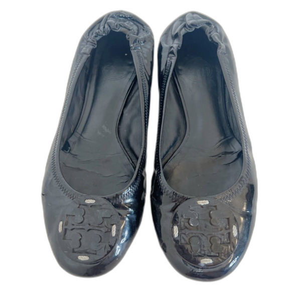 Tory Burch Reva Travel Black Patent Leather Ballet Flats Leather Emblem Size 9 - Picture 1 of 8